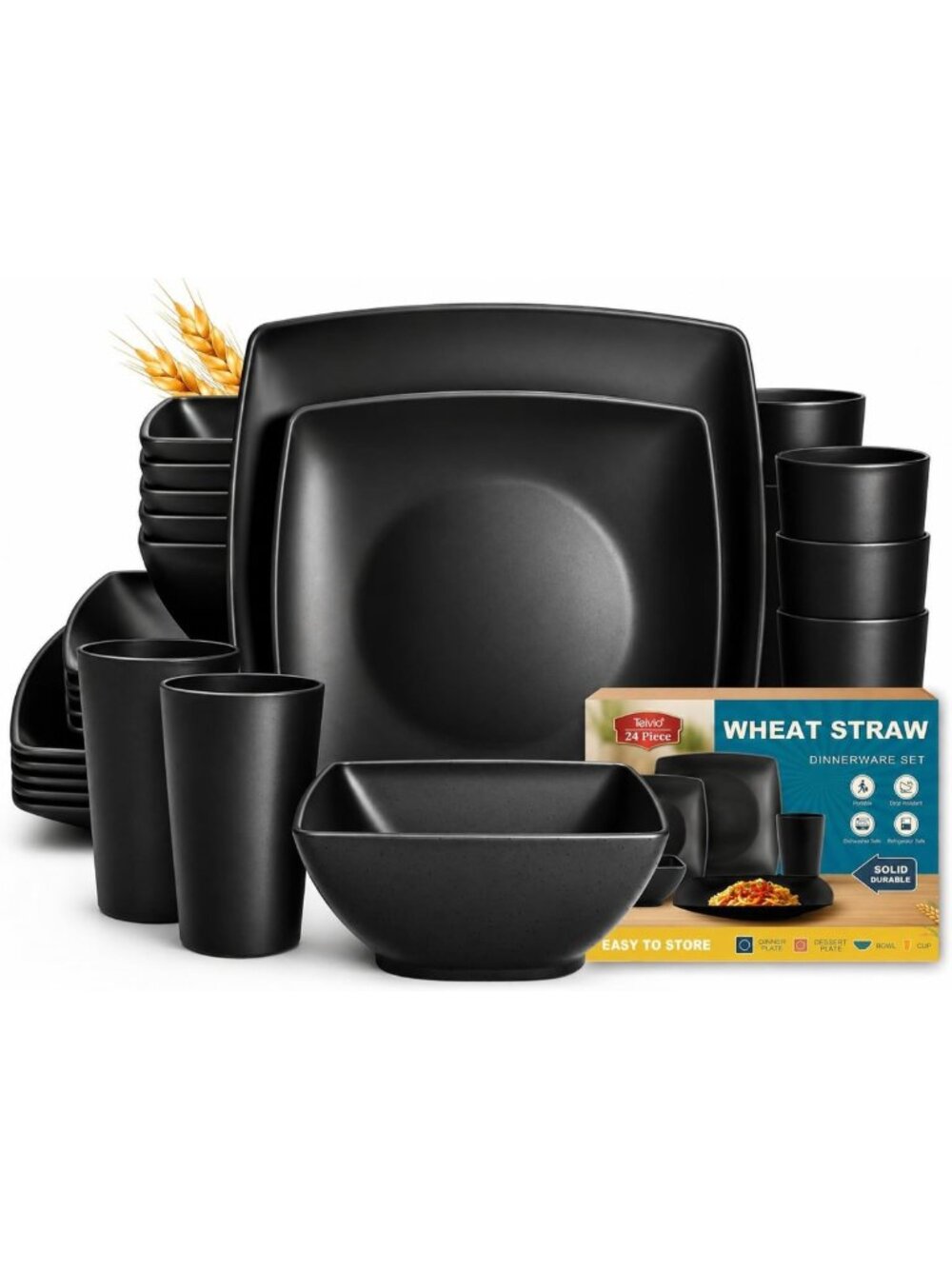 24-Piece Black Square Dinnerware Set for 6 | Stylish Plates & Bowls Set